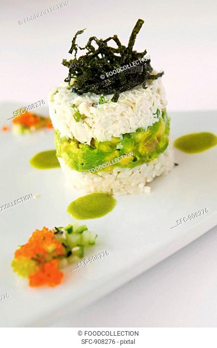Reconstructed California Roll with Dungeness Crab Salad, Avocado, Rice and Cilantro Vinaigrette
