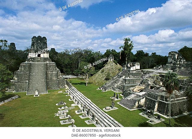 Temple II or Temple of the Masks or Pyramid of the Moon, left, and the North Acropolis, right, 8th-9th century, archaeological site of Tikal