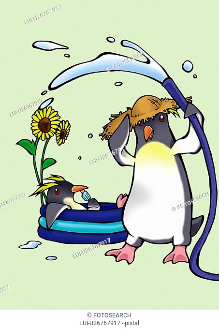 Penguins playing with water, one holding hose, front view, side view, green background