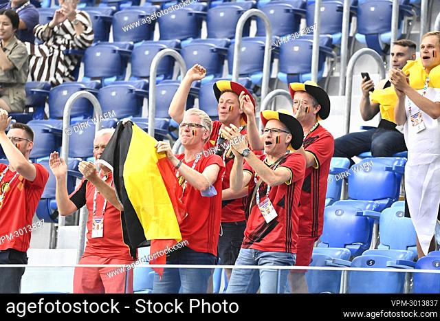 Red Devils' supporters pictured ahead of a soccer game between Finland and Belgium's Red Devils, the third game in the group stage (group B) of the 2020 UEFA...