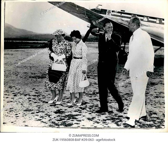Aug. 08, 1956 - Queen Juliana And Prince Bernhard Arrive At Corfu: Queen Juliana and Prince Bernhard of the Netherlands - who recently solved their - Problems -...