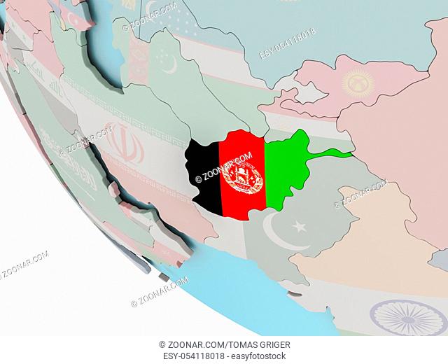 Map of Afghanistan on political globe with embedded flags. 3D illustration