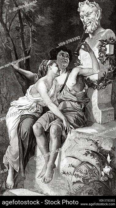 Representation of a couple in love next to the bust of satyr. Old XIX century engraved illustration, El Mundo Ilustrado 1880