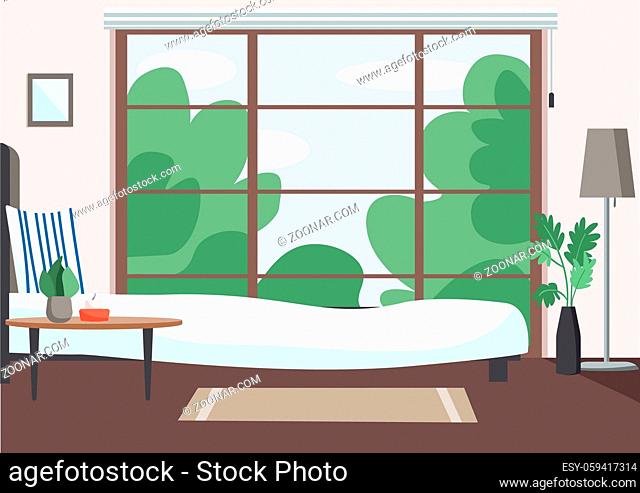 Empty bedroom flat color vector illustration. Modern apartment 2D cartoon interior with big window on background. Contemporary home interior decor