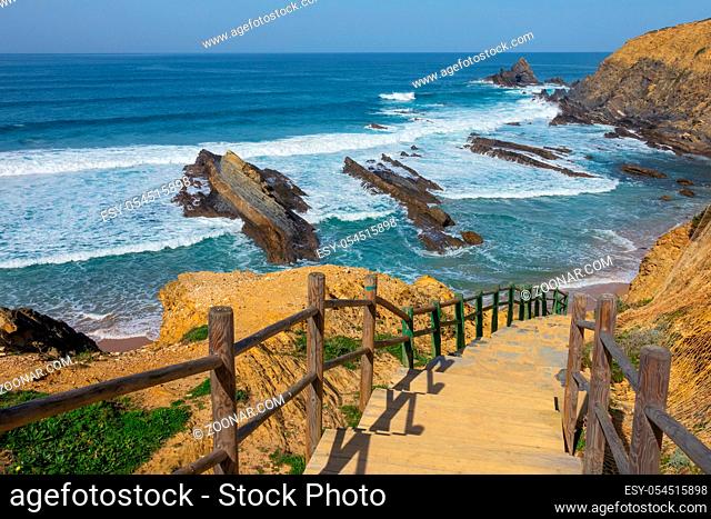 View of stairs to beach on Algarve Coast in Portugal, Atlantic Ocean, Europe