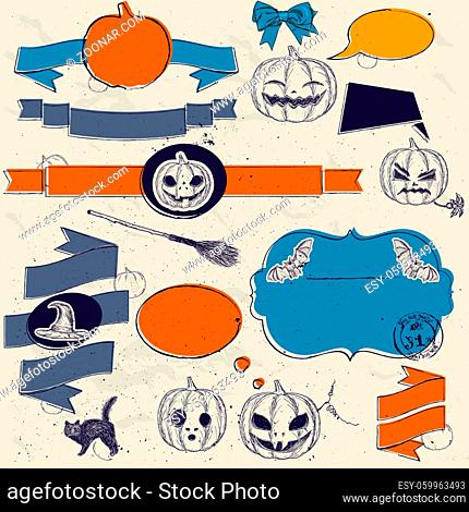 Set of vintage deign elements about Halloween. Vector illustration EPS8