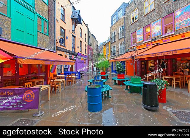 London, United Kingdom - January 28, 2013: Empty Neals Yard Secret Alley Near Covent Garden at Rainy Day in London, UK