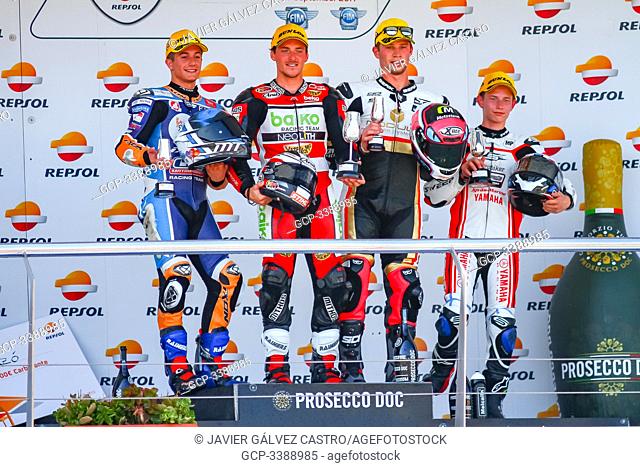Podium Moto2 riders, winner Edgar Pons # 57, Hector Garzo # 4, Alessandro Zaccone # 61