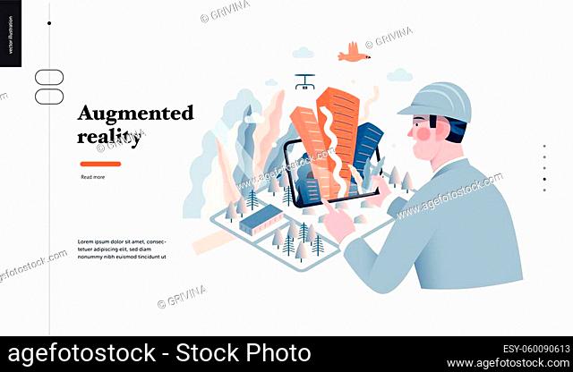 Technology 3 -Augmented reality, modern flat vector concept digital illustration -augmented reality metaphor - man with tablet