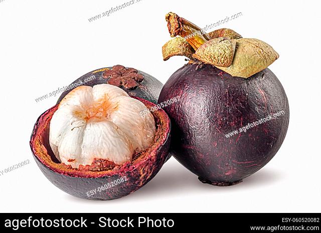 Two whole and opened mangosteen isolated on white background