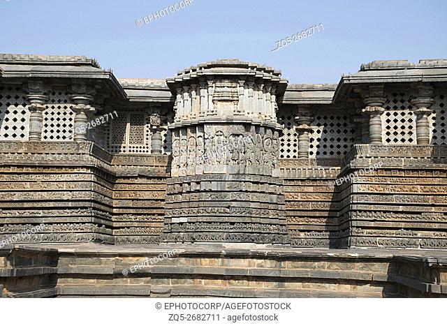 Ornate wall panel relief Hoysaleshwara temple, Halebidu, Karnataka, india. View from East