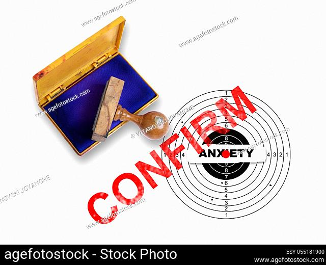 Top view of a rubber stamp with a giant word . . - confirm and target isolated on white