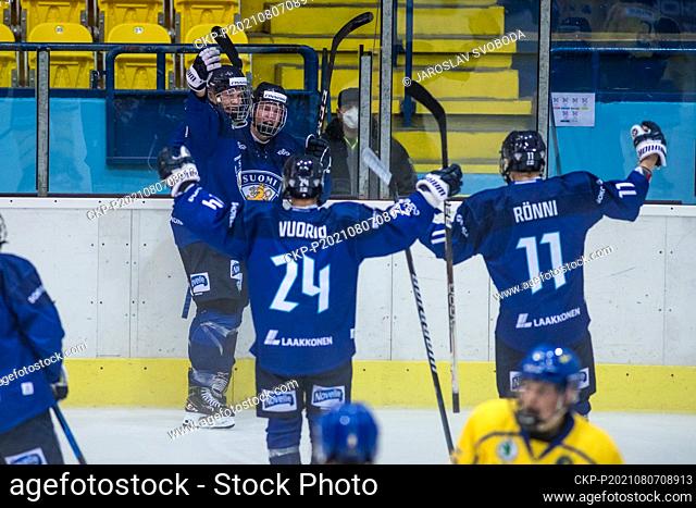 Otto Heinonen (FIN), 2nd from left, celebrates a goal during the Hlinka Gretzky Cup U-18, match for third place Sweden vs Finland, on August 7, 2021, in Breclav