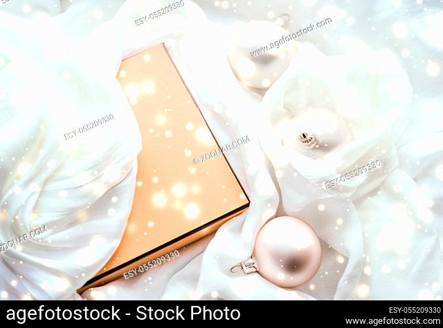 Holidays branding, glamour and decoration concept - Christmas magic holiday background, festive baubles, yellow vintage gift box and golden glitter as winter...