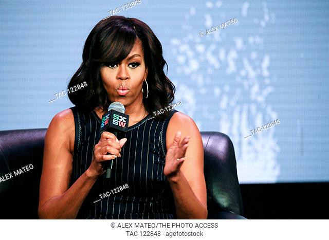 First Lady Michelle Obama speaks during a SXSW keynote dedicated to the ""Let Girls Learn"" initiative on March 16, 2016 in Austin, Texas