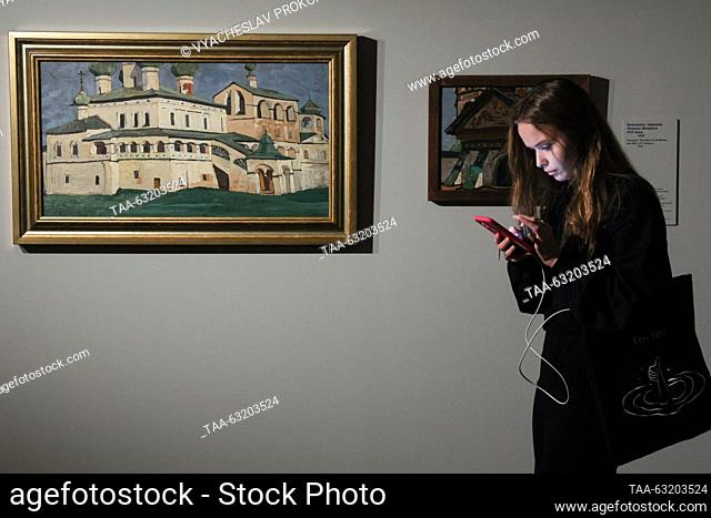 RUSSIA, MOSCOW - OCTOBER 9, 2023: The Rostov Veliky. Entrance to Kremlin painting (1903) is on display at a press preview of a Nicholas Roerich exhibition...