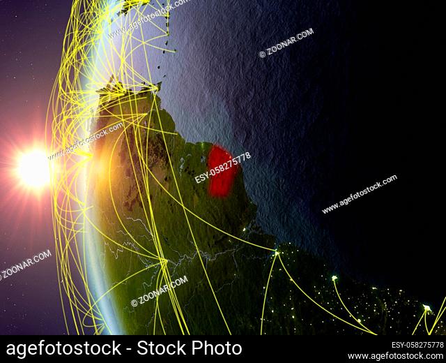 French Guiana from space on model of Earth during sunset with international network. Concept of digital communication or travel. 3D illustration