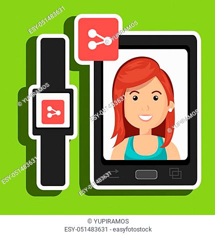 smartphone and watch device with a cartoon woman in the screen with media icon over white background