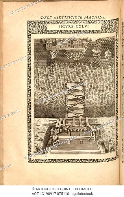 Mobile Brückenkonstruktion (7), Mobile bridge construction, copperplate engraving, fig. CXLVI, after p. 238, 1588, Agostino Ramelli: Le diverse et artificiose...