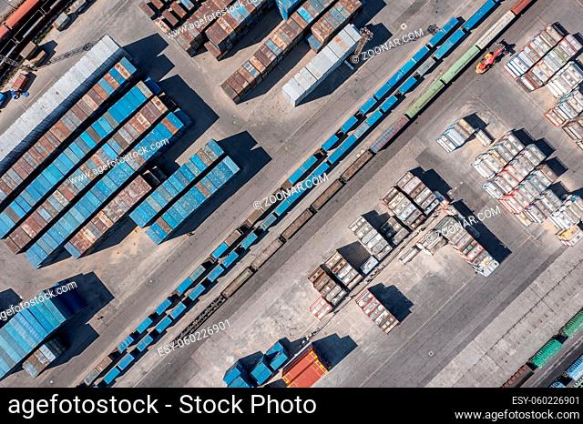 Aerial top view of cargo container terminal with railway, business transportation logistic in trade port