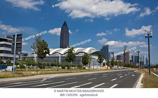 Skyline with Messeturm Tower and exhibition halls with the European quarter in the foreground, Frankfurt am Main, Hesse, Germany, Europe