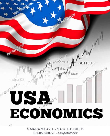 American economics vector illustration with flag of the USA and business chart, bar chart stock numbers bull market, uptrend line graph symbolizes the growth up