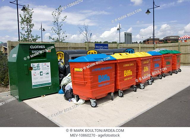 Colourful recycling bins at superstore. sited in carpark, Davids Wharf Barry Glamorgan Wales