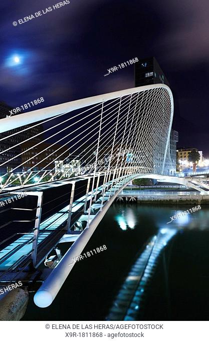 Zubizuri white bridge, by night, designed by Santiago Calatrava  Bilbao, Biscay, Basque Country, Spain
