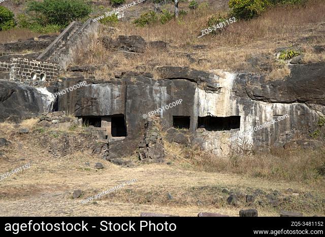 Ellora Caves, Aurangabad, Maharashtra, India General View of rock-cut caves close to Jaina group of caves. (not numbered)