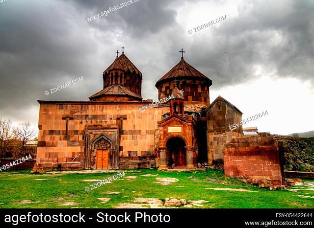 Exterior view to Harichavank monastery aka Cathedral of the Holy Mother of God at Harich in Shirak Province, Armenia