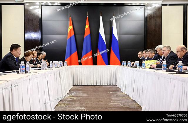 KYRGYZSTAN, BISHKEK - OCTOBER 25, 2023: Mongolia's Prime Minister Oyun-Erdene Luvsannamsrai (L) and Russia's Prime Minister Mikhail Mishustin (R) hold a meeting...