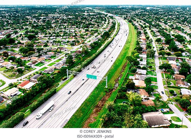 Aerial view of highway through residential area, Miami, Florida, USA