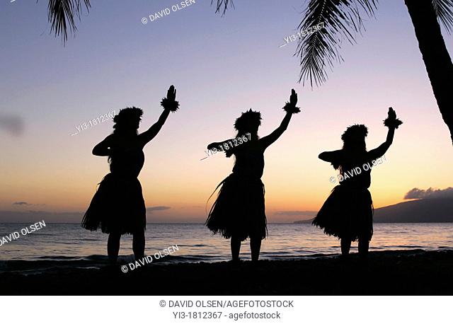 Three hula dancers at Olowalu, Maui, Hawaii framed by palm trees