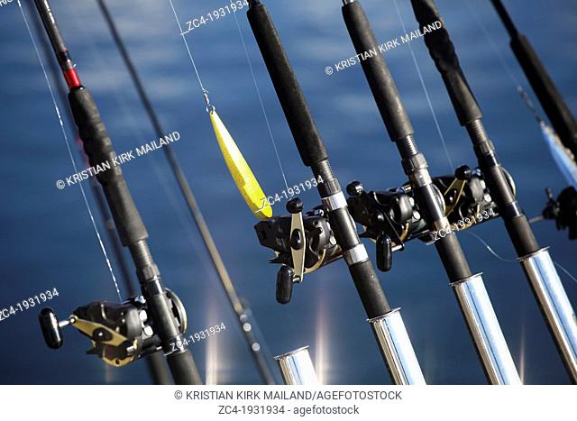 Fishing rods and lure at trolling boat. Scandinavia