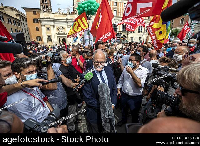 Rome mayor candidate for center-left coalition Roberto Gualtieri attends at the demonstration of employees of the Italian airline against layoffs and company...