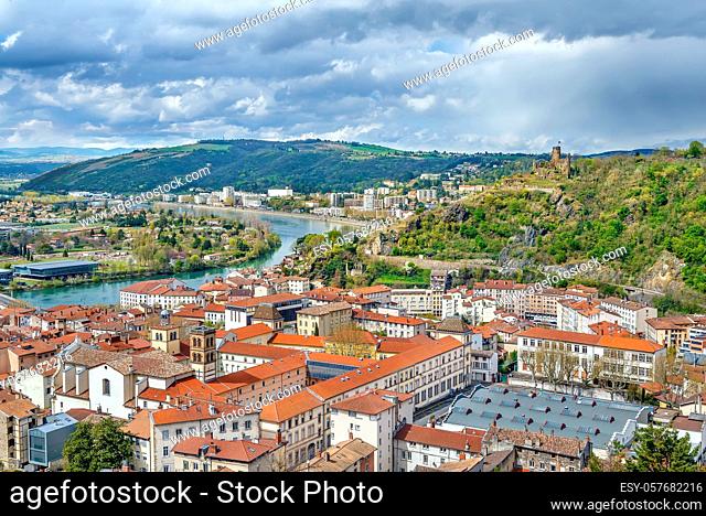 An aerial view of Vienne from hill of Pipet, France