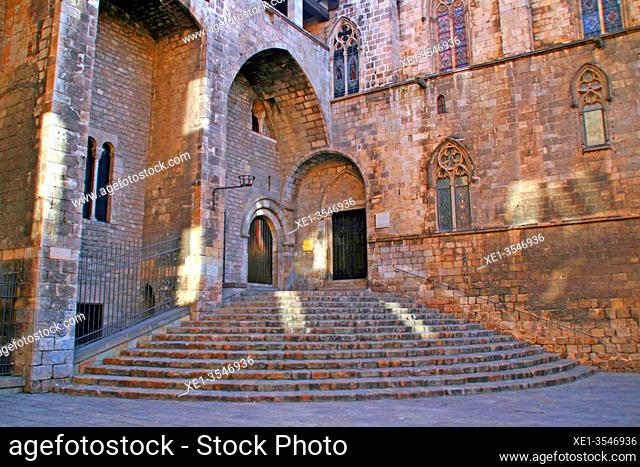 access stairway to the Saló del Tinell and the capella of Santa Àgata, gotic district, Plaça del Rei, Barcelona, ??Catalonia, Spain