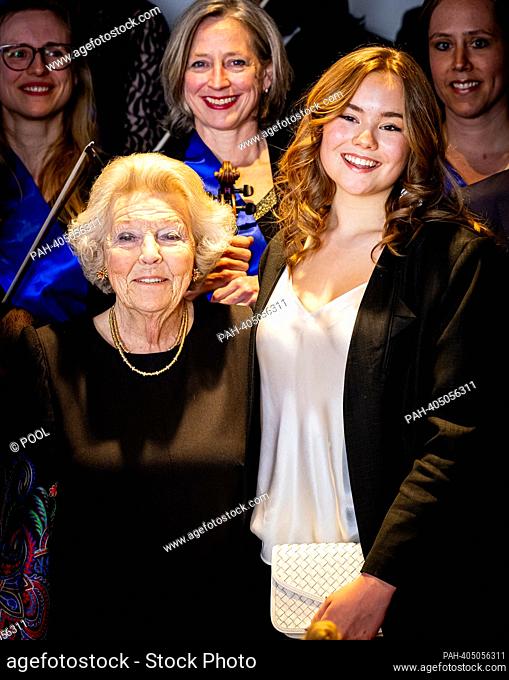 Princess Ariane and Princess Beatrix of The Netherlands at the RTM Stage Ahoy in Rotterdam, on April 19, 2023, to attend the Koningsdagconcert 2023