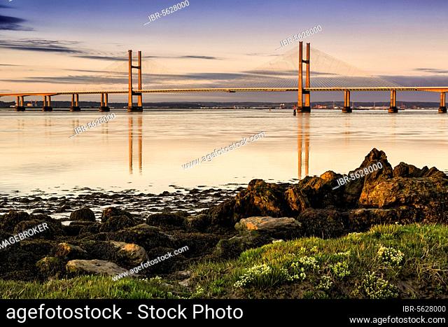 View of road bridge over river at sunrise, seen from Black Rock near Portskewett, Second Severn Crossing, River Severn, Severn Estuary, Monmouthshire, Wales