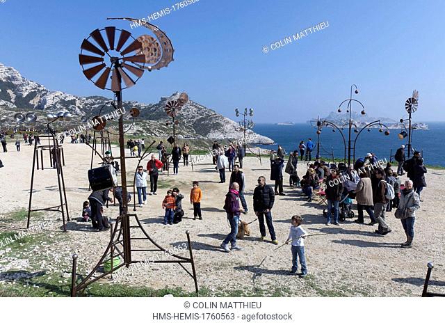 France, Bouches du Rhone, Calanques National Park, Marseille, the Goudes Field Harmonic, instalations and musical wind turbines in the creeks of Pierre...