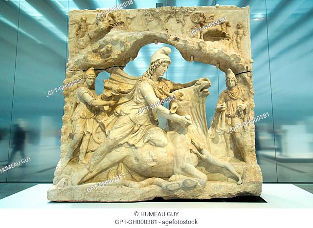 MARBLE, RELIEF REPRESENTING MITHRA, IRANIAN GOD OF THE SUN SACRIFICING THE BULL, GALLERY OF TIME, MUSEUM OF THE LOUVRE, LENS (62), NORD-PAS-DE-CALAIS, FRANCE