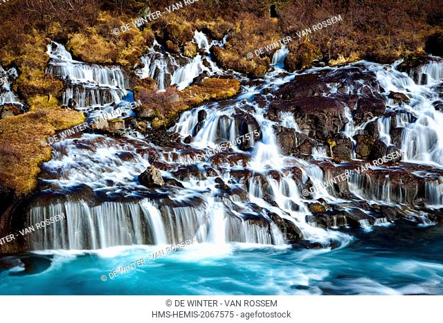 Iceland, Vesturland, Hraunfossar, a cascade of small waterfalls flowing into the Hvita river