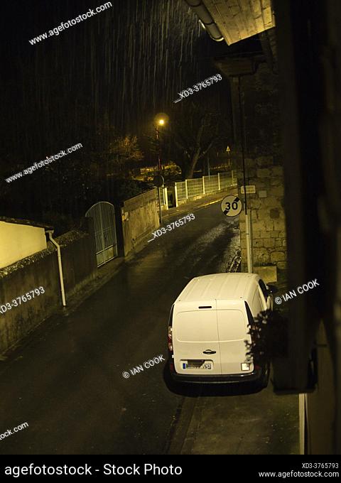 Rue Taillefer on a rainy night, Lauzun, Lot-et-Garonne Department, Nouvelle-Aquitaine, France