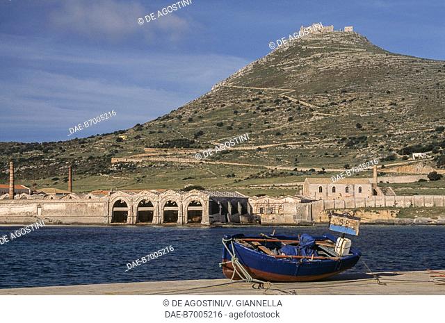 View of Florio Tuna Fishery and of the Mount and Saint Catherine castle, Favignana Island, Aegadian Islands, Sicily, Italy