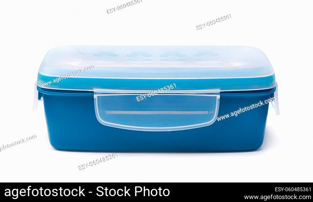 Front view of blue rectangular food storage container with clip lock isolated on white