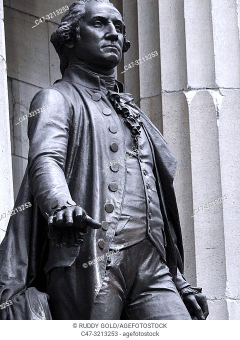 Large bronze sculpture of George Washington by John Quincy Adams Ward, located on the front steps of Federal Hall National Memorial