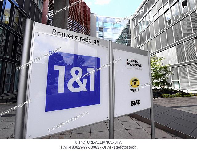 14.08.2018, Baden-Württemberg, Karlsruhe: Logos of the Internet service provider 1&1, WEB.DE, GMX and united internet media