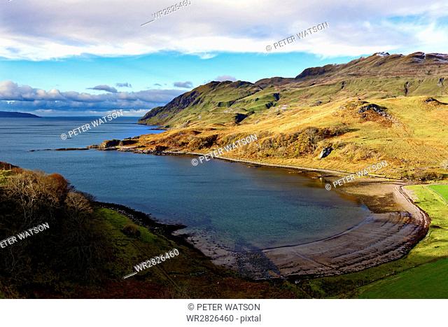 View of the sandy bay Camas nan Geall Sgeir Fhada along the coast and shoreline of Loch Sunart, Ardnamurchan Peninsula, Highlands, Scotland, United Kingdom