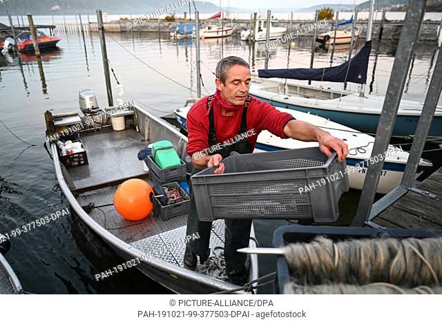 15 October 2019, Baden-Wuerttemberg, Ìberlingen: Fischer Andreas Geiger lifts a box of fish onto the jetty. The professional fishermen at Lake Constance have...