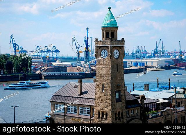 Hamburg, Germany - city view of the port of Hamburg, Landungsbruecken, level tower, the dome of the old Elbe tunnel